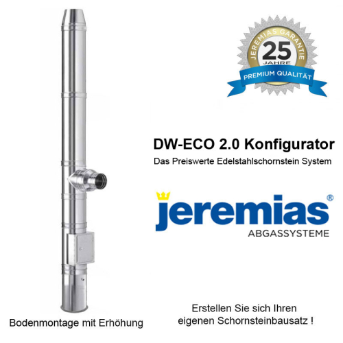 Jeremias DW-ECO 2.0 Edelstahlschornstein 160mm ca. 10,3m Bodenmontage mit Erhöhung 50mm Wandabstand